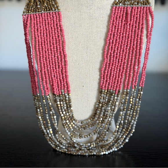 Multi-Strand Blue, Pink and Gold Beaded Statement Necklace - Picture 7 of 7